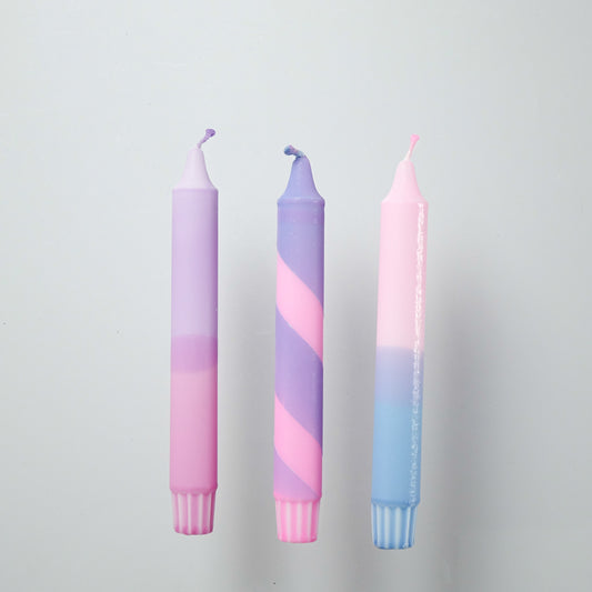 Set van 3 dip dye kaarsen in de kleuren lila, roze en blauw